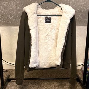 Abercrombie & Fitch Olive green faux fur lined hoodie.